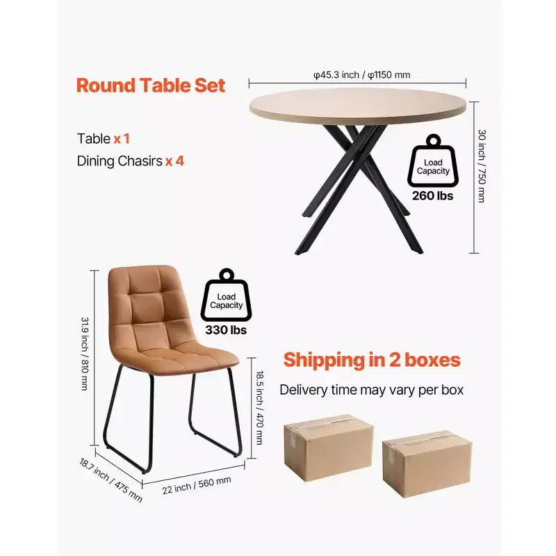 VEVOR 5-Piece Dining Table Set, Space-Saving Round Kitchen Table with 4 Upholstered Orange Chairs, PU Leather Cushions, Modern Wood-Tone Desk,Brown