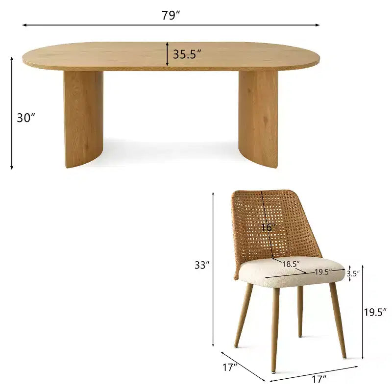 Dining Table Set for 6, Upholstered Dining Chairs with Rattan Backs and Oval Table in Natural Wood-Tone Finish, for Kitchen or Dining Room-Panipeachy