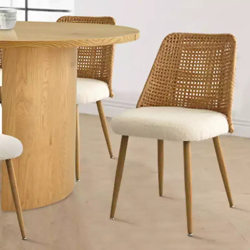 Dining Table Set for 6, Upholstered Dining Chairs with Rattan Backs and Oval Table in Natural Wood-Tone Finish, for Kitchen or Dining Room-Panipeachy