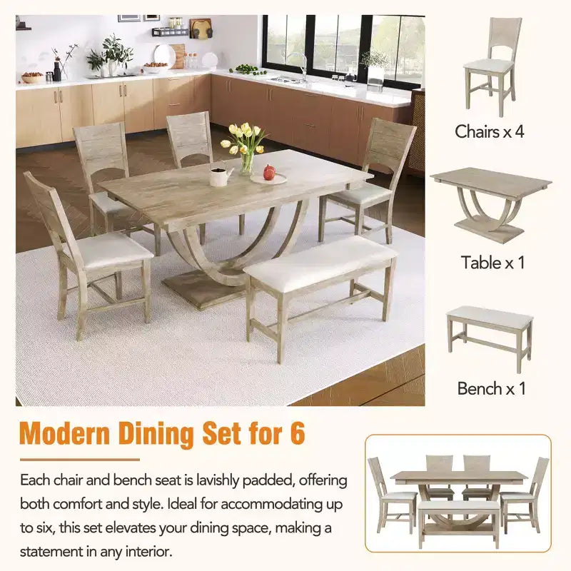 GDFStudio Timo 6 Piece Rubbewood Dinnig Set with Half Round Dining Table, Bench and 4 Chairs