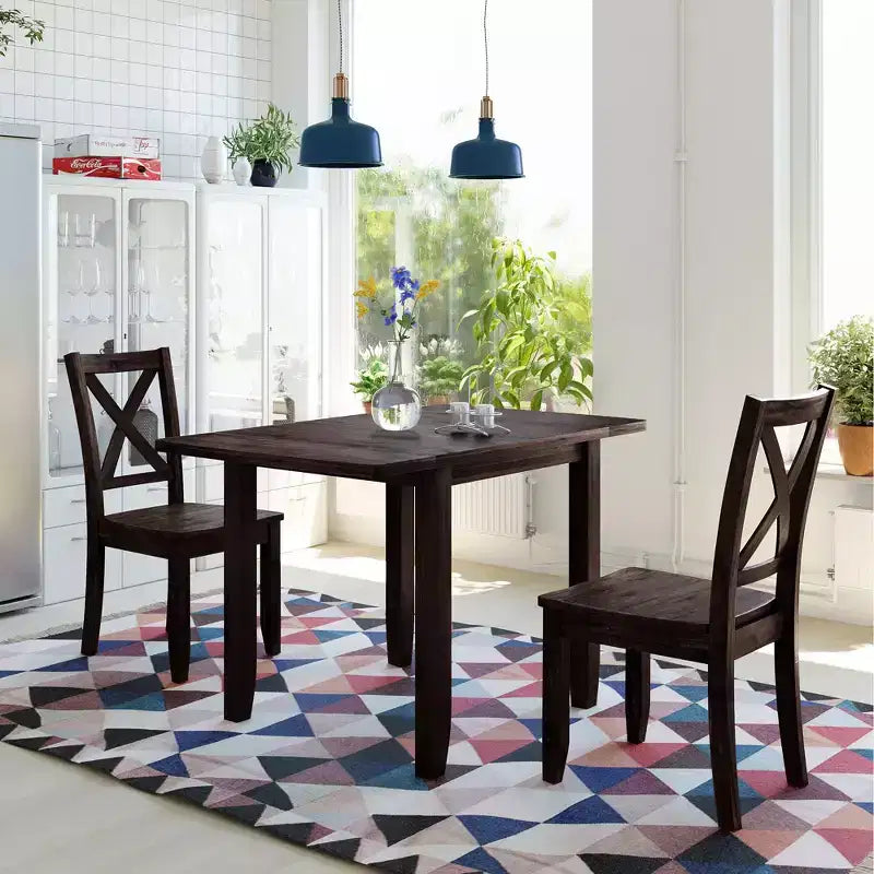 GDFStudio Torquil 3 Piece Ruberwood Dining Set with Foldable Dining Table and 2 X-back Chairs