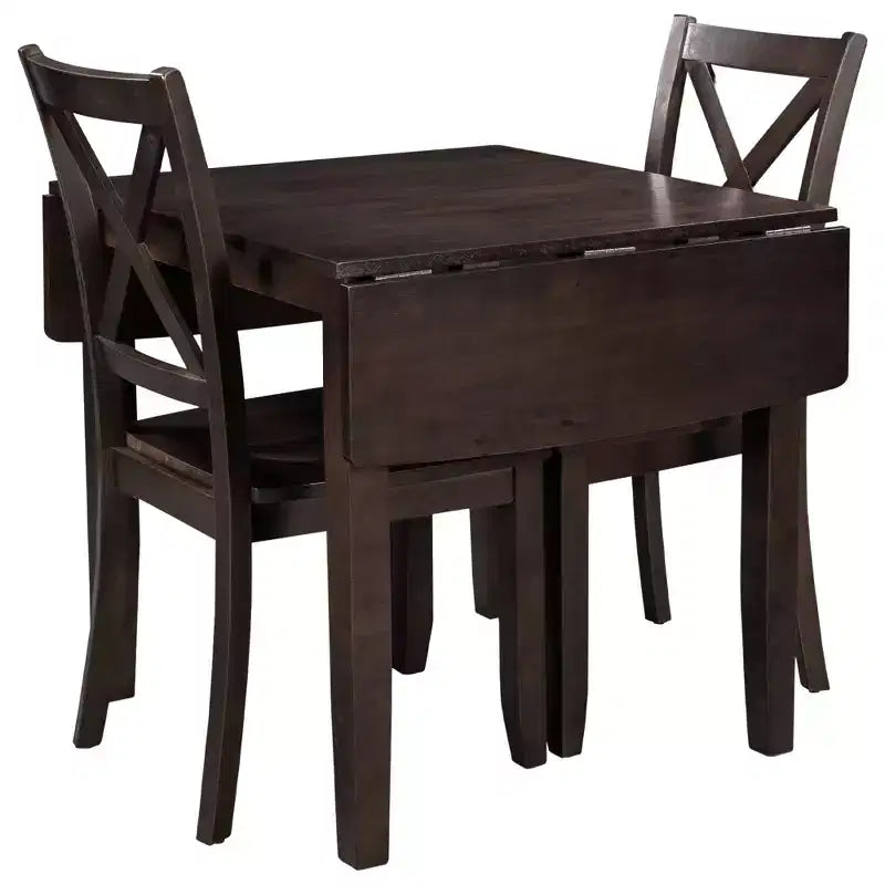 GDFStudio Torquil 3 Piece Ruberwood Dining Set with Foldable Dining Table and 2 X-back Chairs
