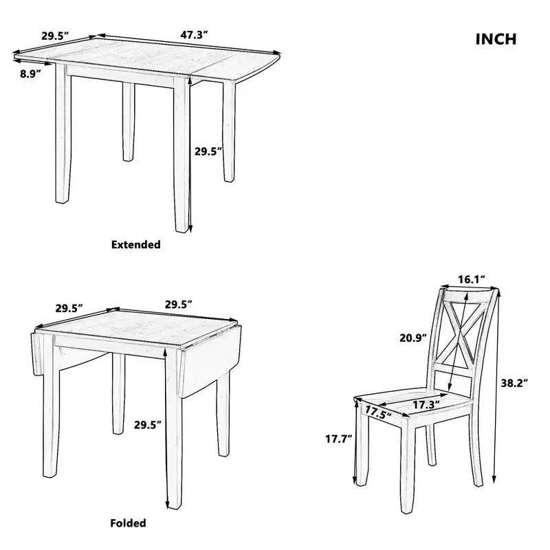 GDFStudio Torquil 3 Piece Ruberwood Dining Set with Foldable Dining Table and 2 X-back Chairs