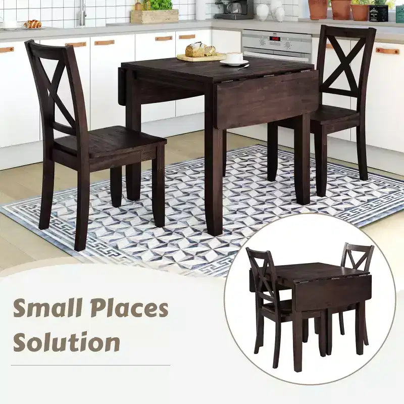 GDFStudio Torquil 3 Piece Ruberwood Dining Set with Foldable Dining Table and 2 X-back Chairs