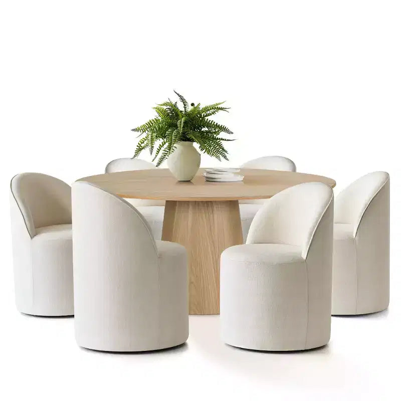 Round Dining Table Set For 6, Upholstered Barrel Dining Chairs With Castors, Linen Blend Fabric, Curved Back Support - Panipeachy