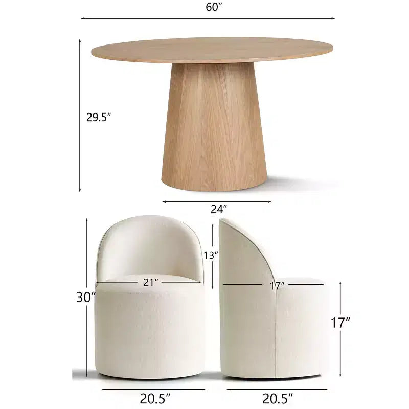 Round Dining Table Set For 6, Upholstered Barrel Dining Chairs With Castors, Linen Blend Fabric, Curved Back Support - Panipeachy