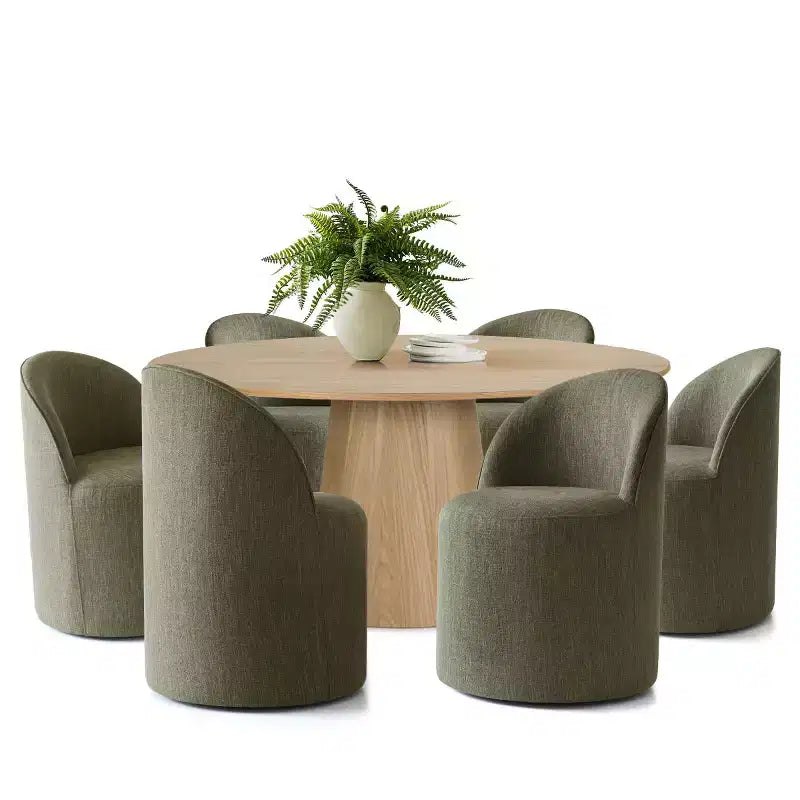 Round Dining Table Set For 6, Upholstered Barrel Dining Chairs With Castors, Linen Blend Fabric, Curved Back Support - Panipeachy