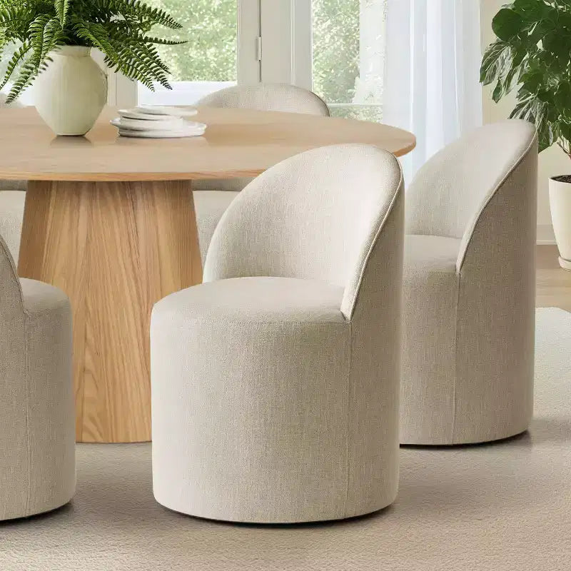 Round Dining Table Set For 6, Upholstered Barrel Dining Chairs With Castors, Linen Blend Fabric, Curved Back Support - Panipeachy