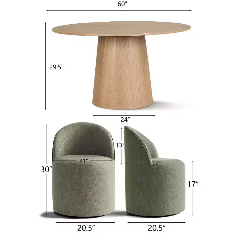 Round Dining Table Set For 6, Upholstered Barrel Dining Chairs With Castors, Linen Blend Fabric, Curved Back Support - Panipeachy