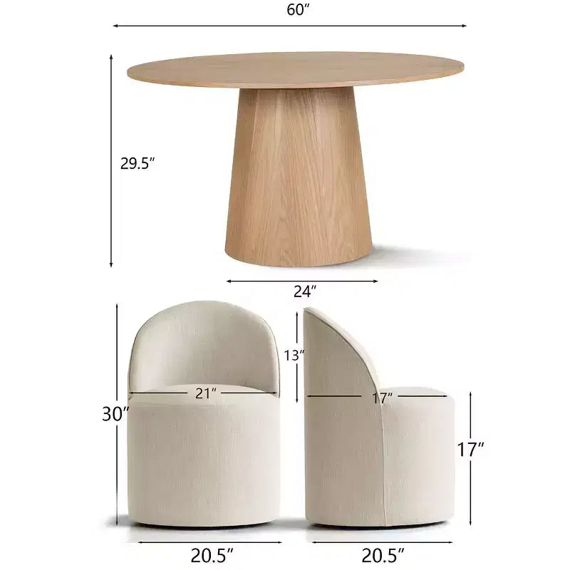 Round Dining Table Set For 6, Upholstered Barrel Dining Chairs With Castors, Linen Blend Fabric, Curved Back Support - Panipeachy