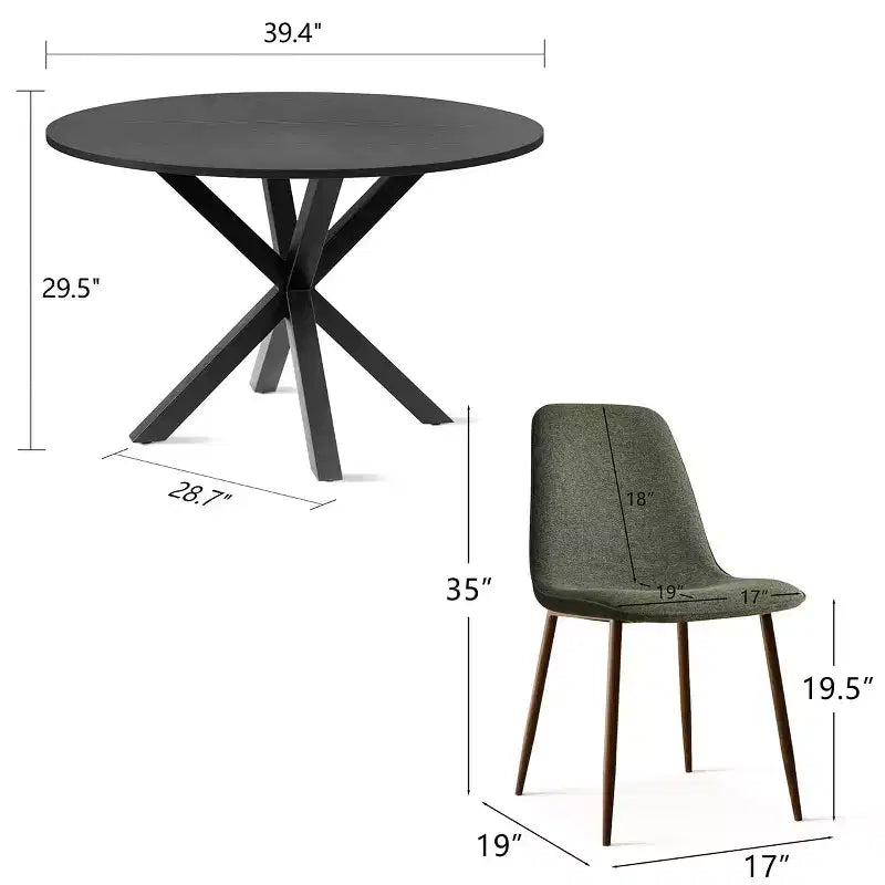 5 Pcs Dining Set for 4 Round Dining Table with Crossed Metal Legs and Oak Grain Upholstered Chairs for Kitchen and Dining Room - Panipeachy