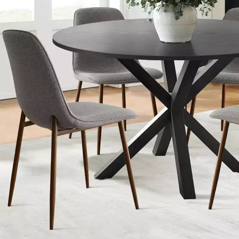 5 Pcs Dining Set for 4 Round Dining Table with Crossed Metal Legs and Oak Grain Upholstered Chairs for Kitchen and Dining Room - Panipeachy