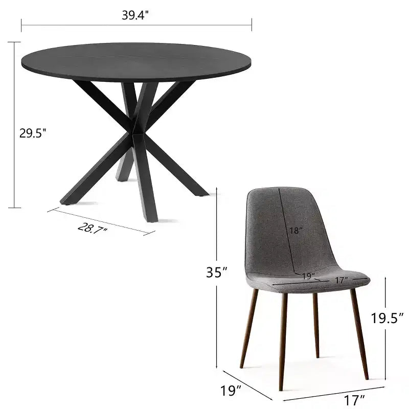 5 Pcs Dining Set for 4 Round Dining Table with Crossed Metal Legs and Oak Grain Upholstered Chairs for Kitchen and Dining Room - Panipeachy