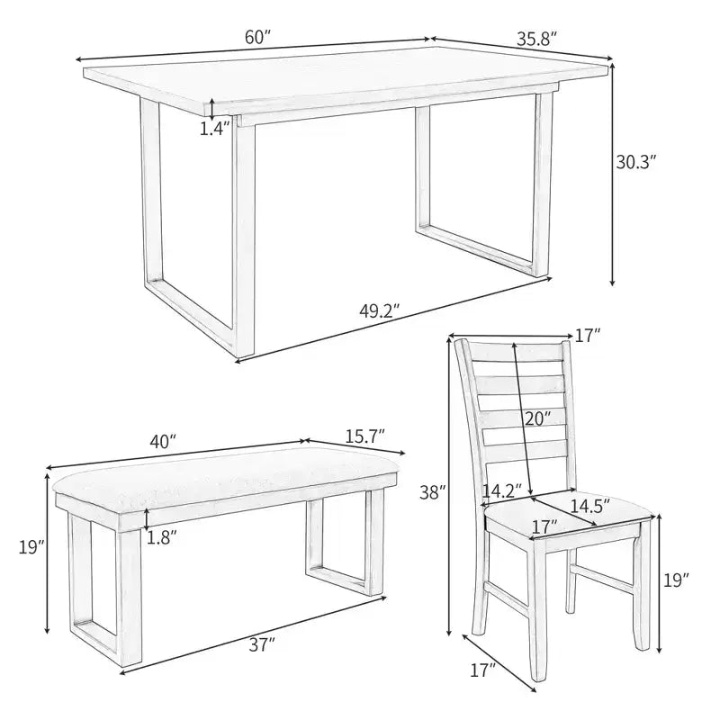 Farmhouse 6 Pieces Dining Table Set with Bench, Wood Rectangle Table and 4 Upholstered Chairs for Kitchen, Gray
