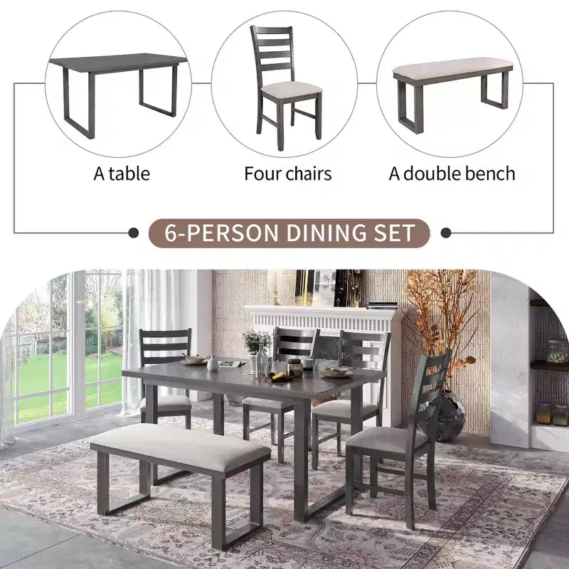 Farmhouse 6 Pieces Dining Table Set with Bench, Wood Rectangle Table and 4 Upholstered Chairs for Kitchen, Gray