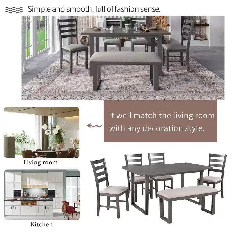 Farmhouse 6 Pieces Dining Table Set with Bench, Wood Rectangle Table and 4 Upholstered Chairs for Kitchen, Gray