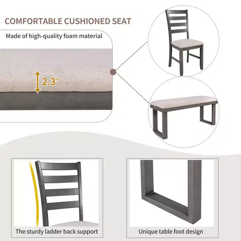 Farmhouse 6 Pieces Dining Table Set with Bench, Wood Rectangle Table and 4 Upholstered Chairs for Kitchen, Gray