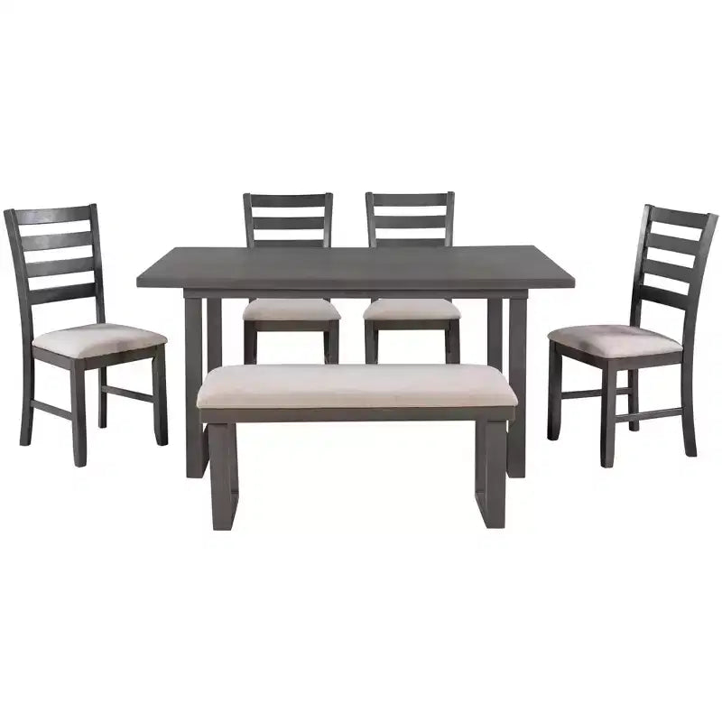Farmhouse 6 Pieces Dining Table Set with Bench, Wood Rectangle Table and 4 Upholstered Chairs for Kitchen, Gray