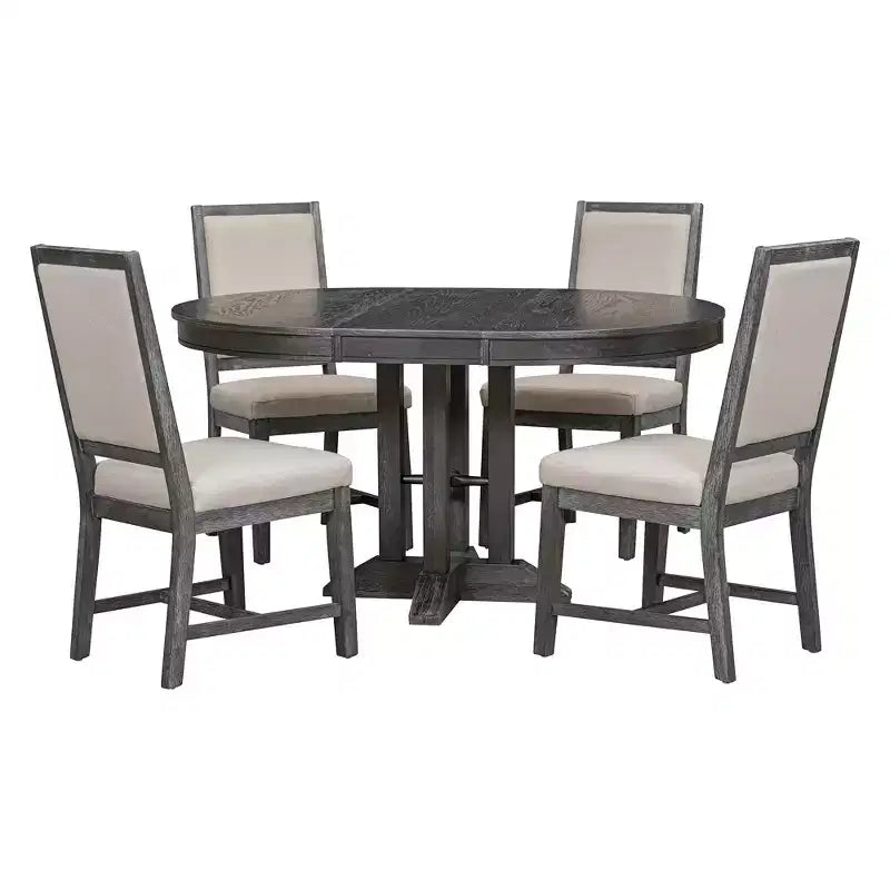 Farmhouse 5 Piece Kitchen Dining Set for 4, Solid Wood Extendable Round Dining Table Set and 4 Upholstered Chairs for Kitchen