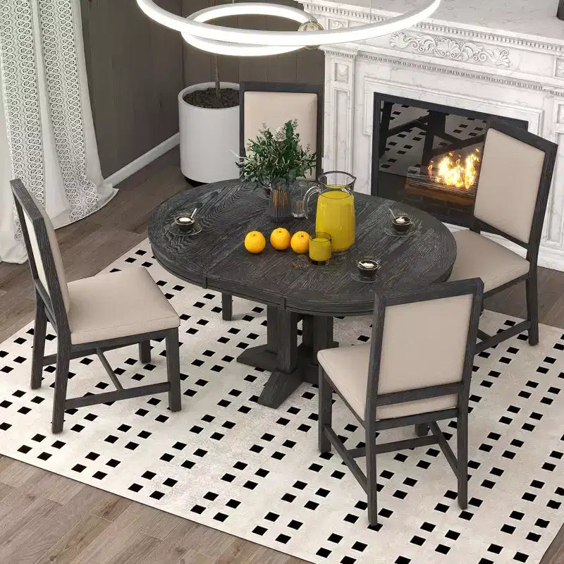 Farmhouse 5 Piece Kitchen Dining Set for 4, Solid Wood Extendable Round Dining Table Set and 4 Upholstered Chairs for Kitchen