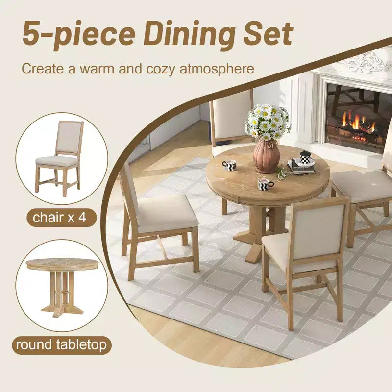 Farmhouse 5 Piece Kitchen Dining Set for 4, Solid Wood Extendable Round Dining Table Set and 4 Upholstered Chairs for Kitchen