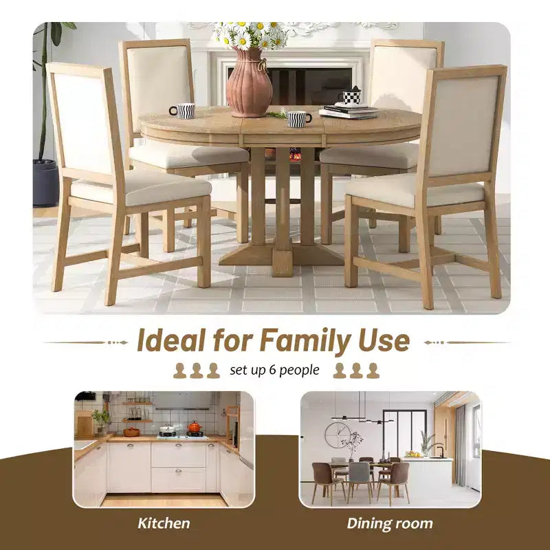 Farmhouse 5 Piece Kitchen Dining Set for 4, Solid Wood Extendable Round Dining Table Set and 4 Upholstered Chairs for Kitchen
