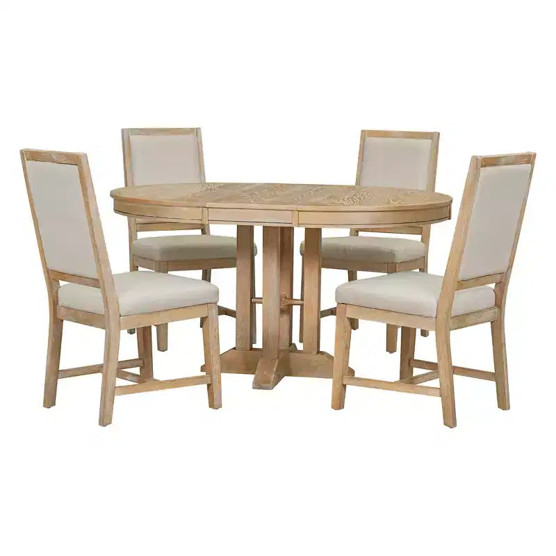 Farmhouse 5 Piece Kitchen Dining Set for 4, Solid Wood Extendable Round Dining Table Set and 4 Upholstered Chairs for Kitchen