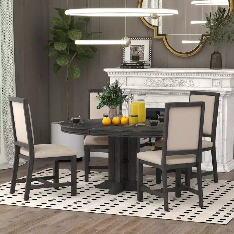 Farmhouse 5 Piece Kitchen Dining Set for 4, Solid Wood Extendable Round Dining Table Set and 4 Upholstered Chairs for Kitchen