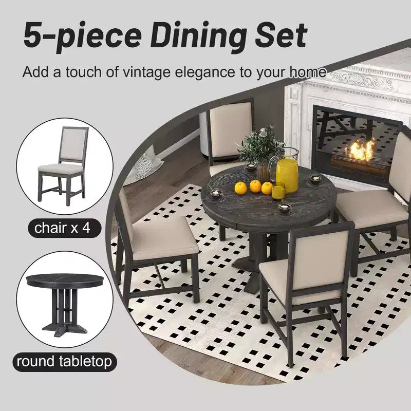 Farmhouse 5 Piece Kitchen Dining Set for 4, Solid Wood Extendable Round Dining Table Set and 4 Upholstered Chairs for Kitchen