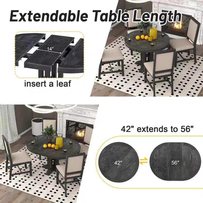 Farmhouse 5 Piece Kitchen Dining Set for 4, Solid Wood Extendable Round Dining Table Set and 4 Upholstered Chairs for Kitchen