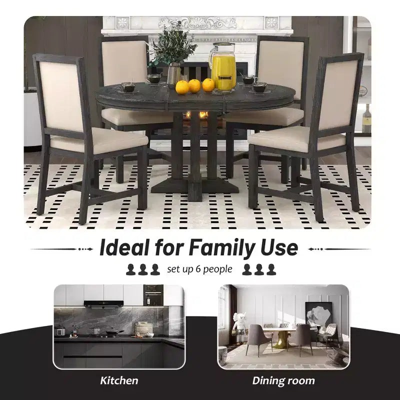 Farmhouse 5 Piece Kitchen Dining Set for 4, Solid Wood Extendable Round Dining Table Set and 4 Upholstered Chairs for Kitchen