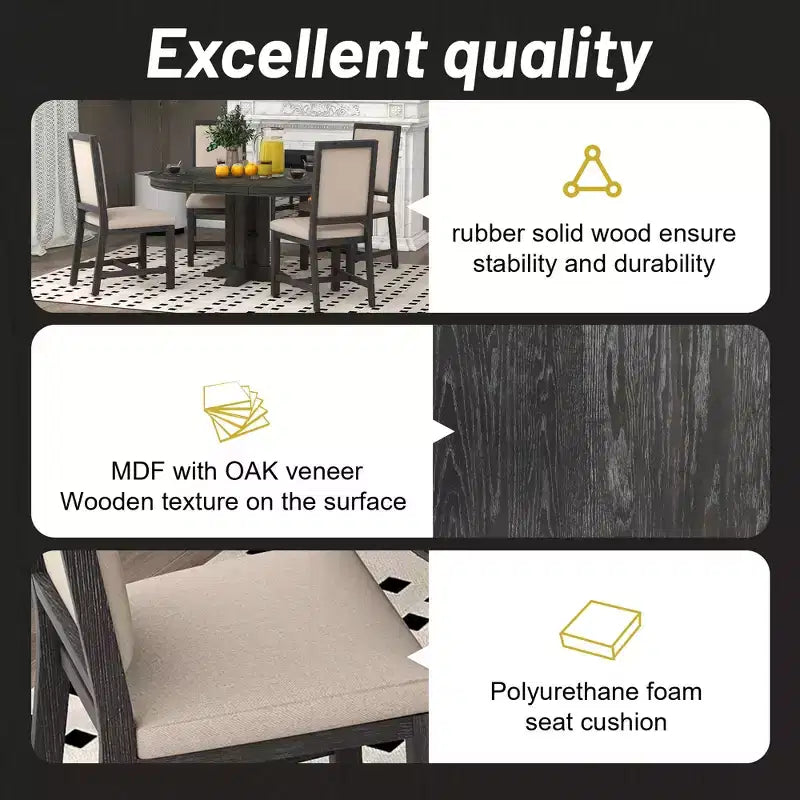 Farmhouse 5 Piece Kitchen Dining Set for 4, Solid Wood Extendable Round Dining Table Set and 4 Upholstered Chairs for Kitchen