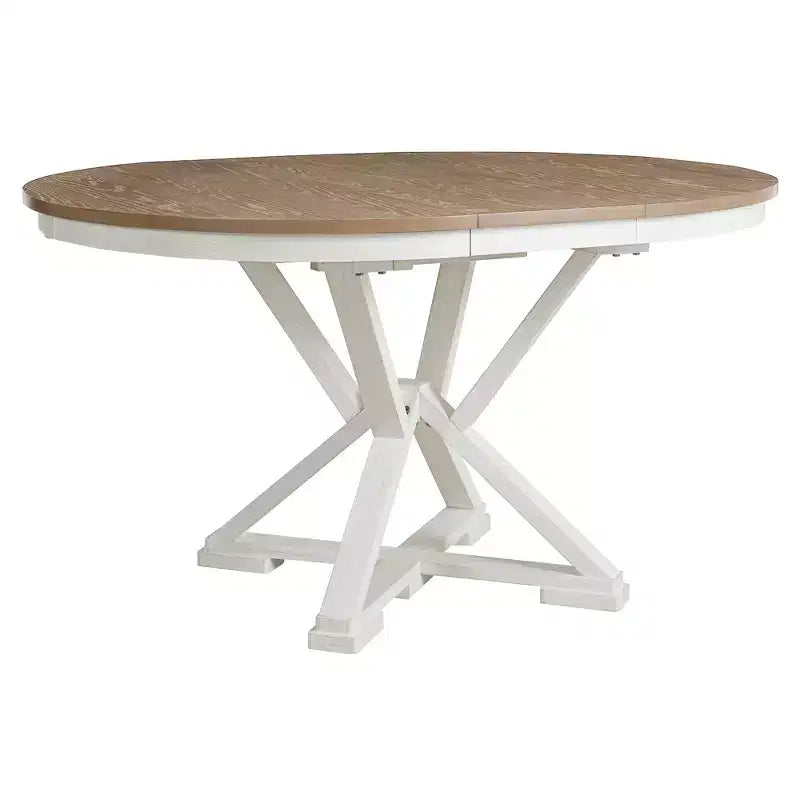 Farmhouse Extendable Round Dining Set for 4, Kitchen Dining Table Set with 4 Upholstered Dining Chairs for Dining Room