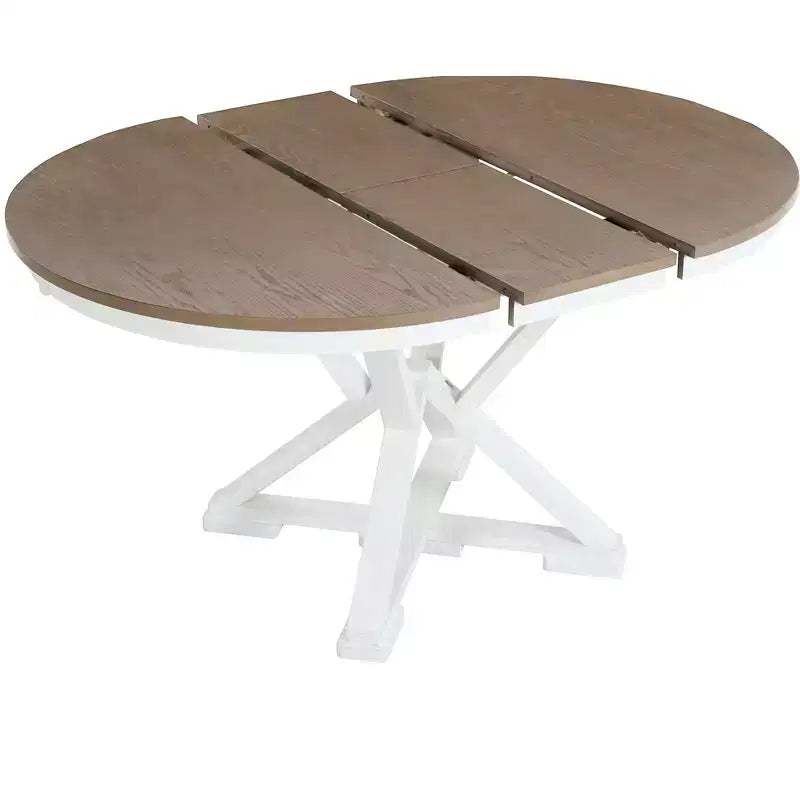 Farmhouse Extendable Round Dining Set for 4, Kitchen Dining Table Set with 4 Upholstered Dining Chairs for Dining Room