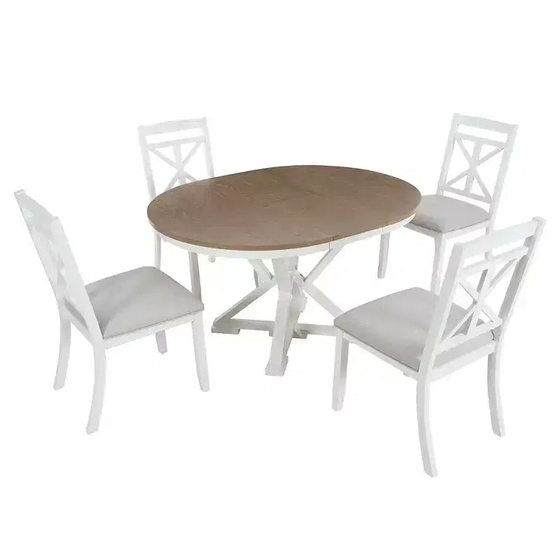 Farmhouse Extendable Round Dining Set for 4, Kitchen Dining Table Set with 4 Upholstered Dining Chairs for Dining Room