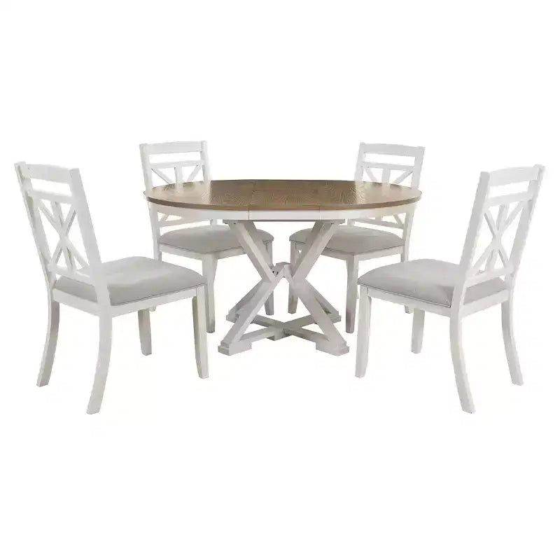 Farmhouse Extendable Round Dining Set for 4, Kitchen Dining Table Set with 4 Upholstered Dining Chairs for Dining Room
