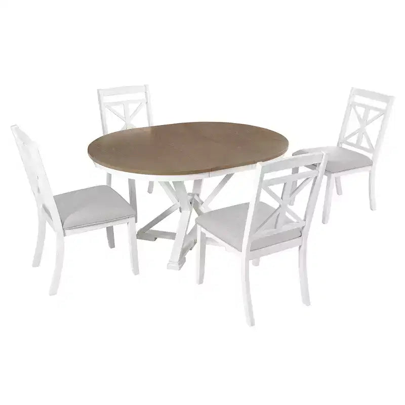 Farmhouse Extendable Round Dining Set for 4, Kitchen Dining Table Set with 4 Upholstered Dining Chairs for Dining Room