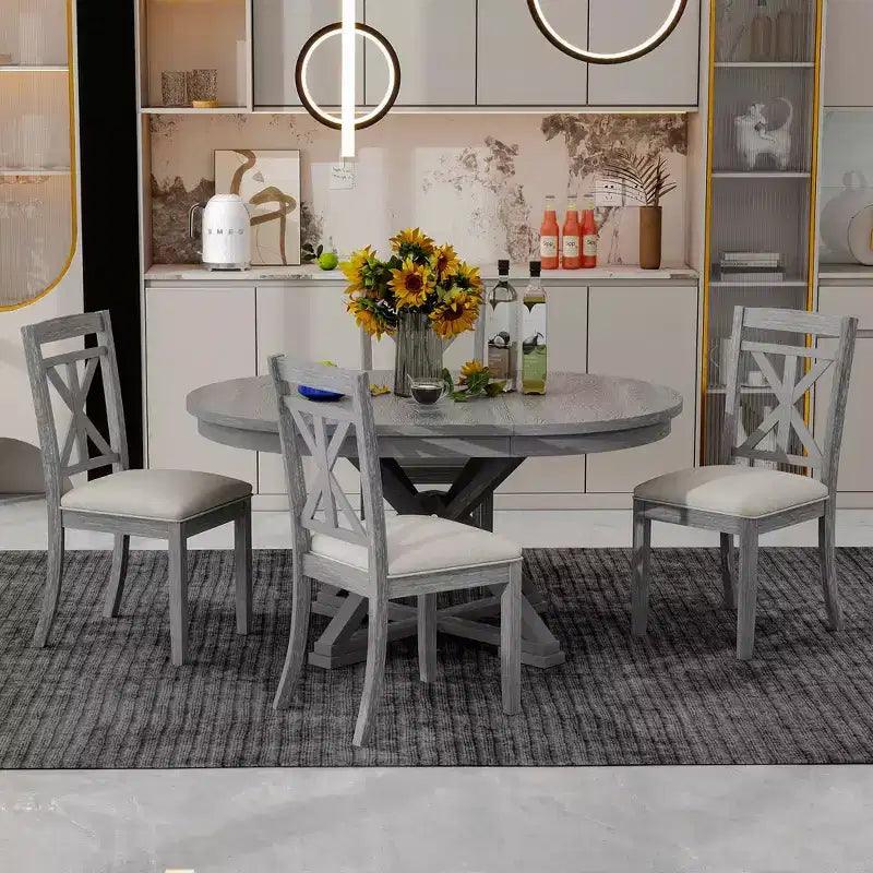 Farmhouse Extendable Round Dining Set for 4, Kitchen Dining Table Set with 4 Upholstered Dining Chairs for Dining Room
