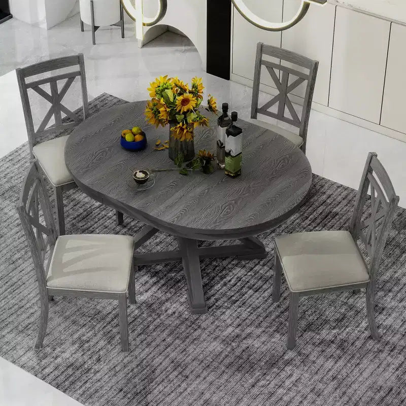Farmhouse Extendable Round Dining Set for 4, Kitchen Dining Table Set with 4 Upholstered Dining Chairs for Dining Room