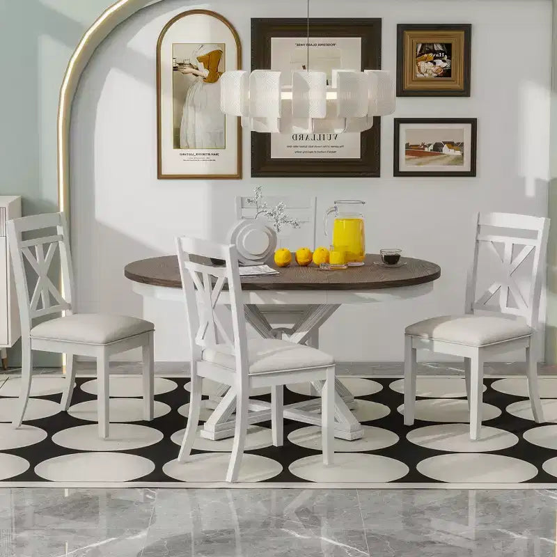 Farmhouse Extendable Round Dining Set for 4, Kitchen Dining Table Set with 4 Upholstered Dining Chairs for Dining Room