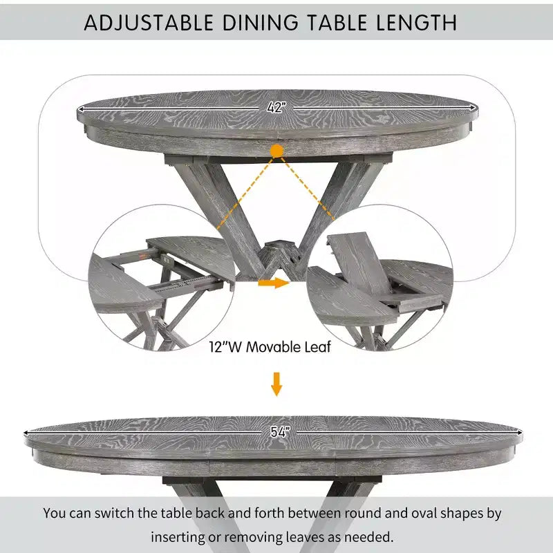 Farmhouse Extendable Round Dining Set for 4, Kitchen Dining Table Set with 4 Upholstered Dining Chairs for Dining Room