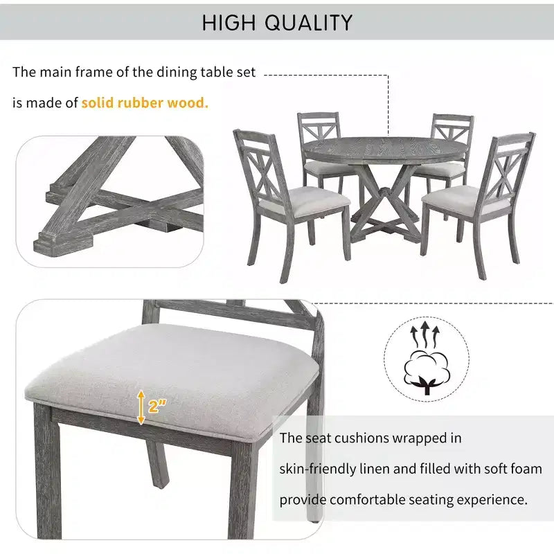 Farmhouse Extendable Round Dining Set for 4, Kitchen Dining Table Set with 4 Upholstered Dining Chairs for Dining Room