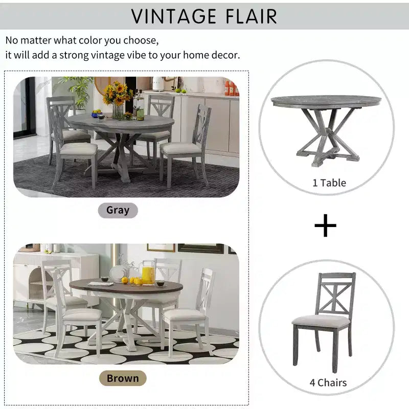 Farmhouse Extendable Round Dining Set for 4, Kitchen Dining Table Set with 4 Upholstered Dining Chairs for Dining Room