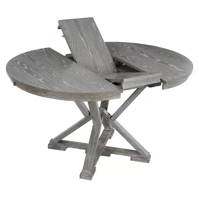 Farmhouse Extendable Round Dining Set for 4, Kitchen Dining Table Set with 4 Upholstered Dining Chairs for Dining Room