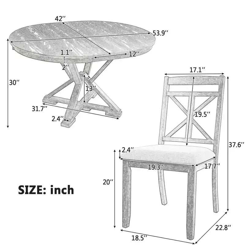 Farmhouse Extendable Round Dining Set for 4, Kitchen Dining Table Set with 4 Upholstered Dining Chairs for Dining Room