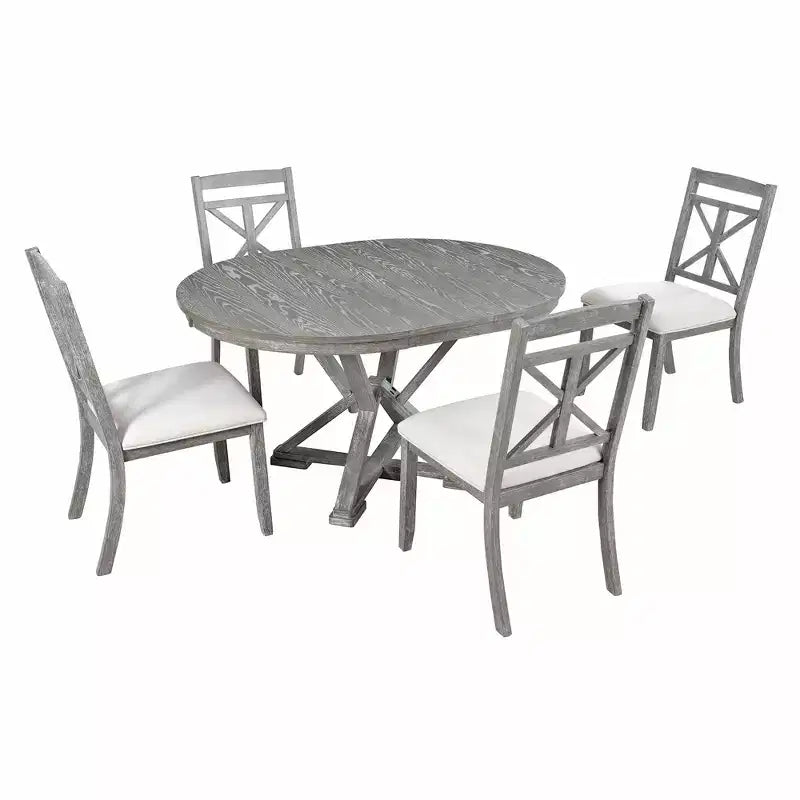 Farmhouse Extendable Round Dining Set for 4, Kitchen Dining Table Set with 4 Upholstered Dining Chairs for Dining Room