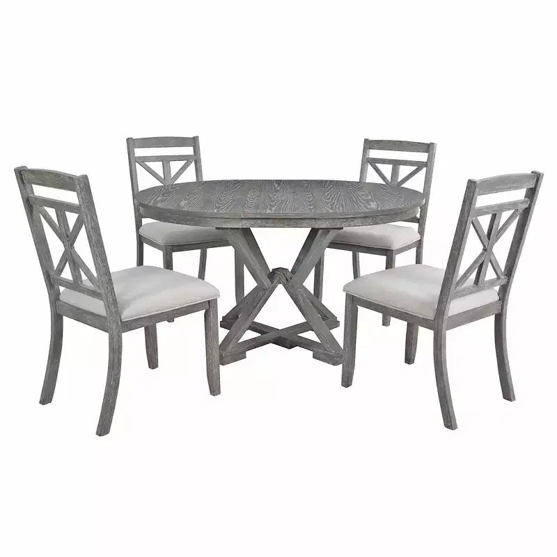 Farmhouse Extendable Round Dining Set for 4, Kitchen Dining Table Set with 4 Upholstered Dining Chairs for Dining Room