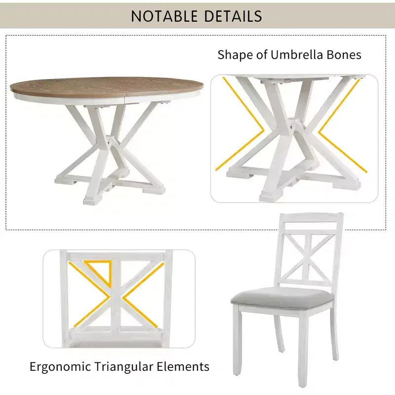 Farmhouse Extendable Round Dining Set for 4, Kitchen Dining Table Set with 4 Upholstered Dining Chairs for Dining Room
