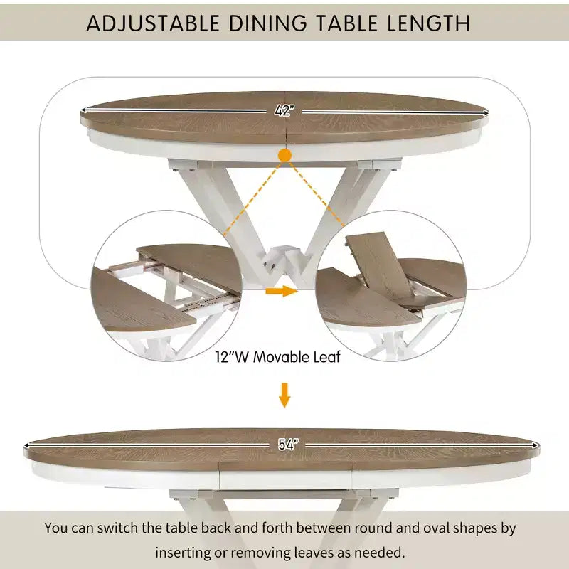 Farmhouse Extendable Round Dining Set for 4, Kitchen Dining Table Set with 4 Upholstered Dining Chairs for Dining Room