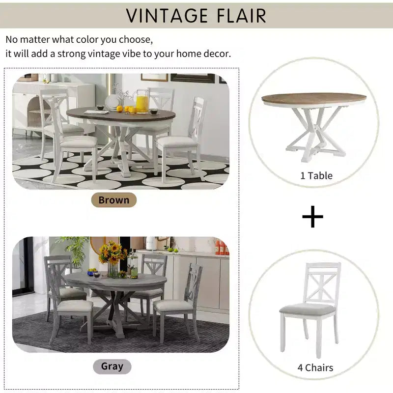 Farmhouse Extendable Round Dining Set for 4, Kitchen Dining Table Set with 4 Upholstered Dining Chairs for Dining Room
